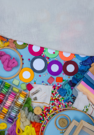 Embroidery colorful threads and needles. Hand craft handmade embroidery art. Hand embroidery concept. White blank mockup.の写真素材