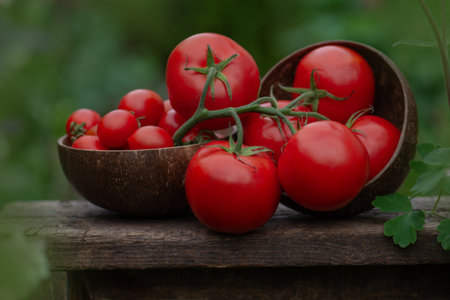 Fresh ripe organic garden round tomatoes on wooden table. Tomatoes on wooden background. Tomatoes...