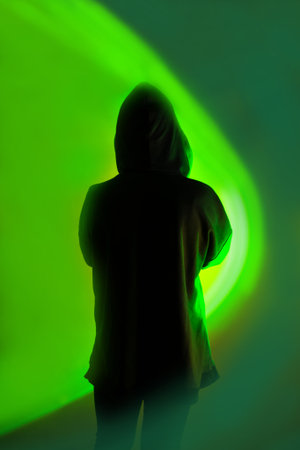 Safe storage of personal data on a smartphone. Shrouded in darkness hooded figure with phone on vivid neon background.の写真素材