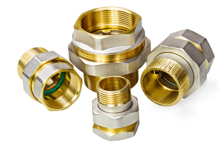 Plumbing fixtures and piping parts on whiteの写真素材