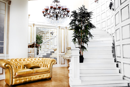 Beautiful vintage gold sofa next to wall (retro-style illustration)