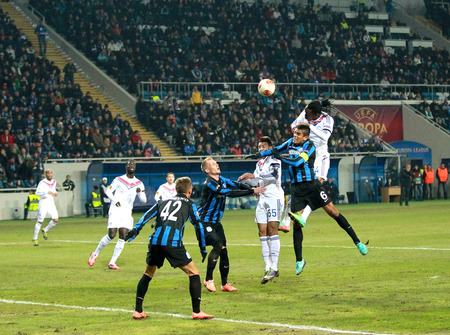 ODESSA, UKRAINE - FEBRUARY 20: moment of the game during the Europa League football match against Chernomorets Odessa Ukraine and Olympique Lionnais France . Dangerous moment, from February 20, 2014 in Odessa のeditorial素材