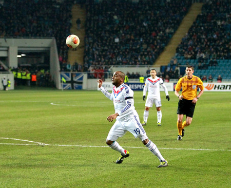 football match against Chernomorets Odessa Ukraine and Olympique Lionnais France . Team Olympique Lionnais, BRIAND Zhimmi - striker , February 20, 2014 in Odessaのeditorial素材