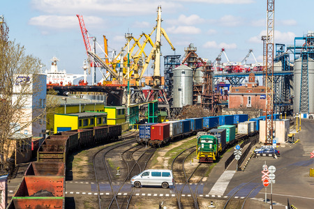 ODESSA, UKRAINE - APRIL 16  maritime cargo port of Odessa   Container terminal   Loading is carried out works of Ukrainian industrial goods and cargo , April 16, 2014 Odessa, Ukraineのeditorial素材