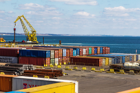 ODESSA, UKRAINE - APRIL 16  maritime cargo port of Odessa   Container terminal   Loading is carried...