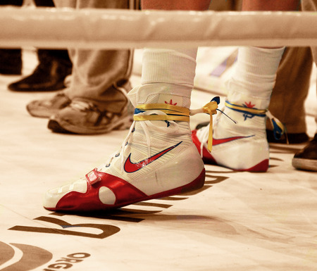 Odessa, Ukraine - May 31, 2014: Sports professional wrestling, Nike, official sponsor of the boxing ring in the title fight on K2 version, May 31, 2014 in Odessa, Ukraine. のeditorial素材