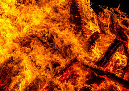 Burning campfire at night, combs flame as texture and background, strong branches burning trees of a...