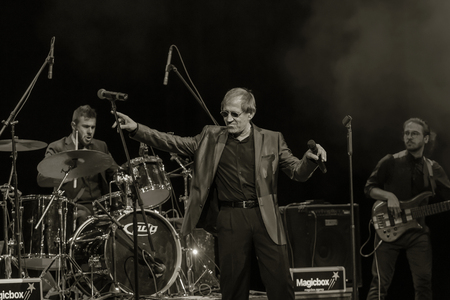 ODESSA, UKRAINE - Nov. 4, 2018: concert performance by Adriano Celentano. Soloist of the music group - Adolfo Sebastiani - famous singer, showman Celentano. Tribute Show Celentano. Italian pop legendのeditorial素材