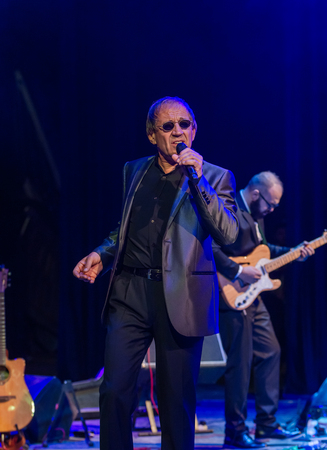 ODESSA, UKRAINE - Nov. 4, 2018: concert performance by Adriano Celentano. Soloist of the music group - Adolfo Sebastiani - famous singer, showman Celentano. Tribute Show Celentano. Italian pop legendのeditorial素材