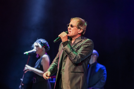 ODESSA, UKRAINE - Nov. 4, 2018: concert performance by Adriano Celentano. Soloist of the music group - Adolfo Sebastiani - famous singer, showman Celentano. Tribute Show Celentano. Italian pop legendのeditorial素材