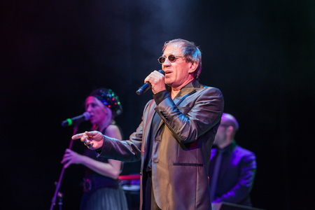 ODESSA, UKRAINE - Nov. 4, 2018: concert performance by Adriano Celentano. Soloist of the music group - Adolfo Sebastiani - famous singer, showman Celentano. Tribute Show Celentano. Italian pop legendのeditorial素材