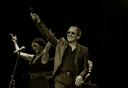 ODESSA, UKRAINE - Nov. 4, 2018: concert performance by Adriano Celentano. Soloist of the music group - Adolfo Sebastiani - famous singer, showman Celentano. Tribute Show Celentano. Italian pop legendのeditorial素材