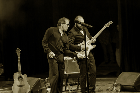 ODESSA, UKRAINE - Nov. 4, 2018: concert performance by Adriano Celentano. Soloist of the music group - Adolfo Sebastiani - famous singer, showman Celentano. Tribute Show Celentano. Italian pop legendのeditorial素材