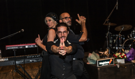 ODESSA, UKRAINE - Nov. 4, 2018: concert performance by Adriano Celentano. Soloist of the music group - Adolfo Sebastiani - famous singer, showman Celentano. Tribute Show Celentano. Italian pop legendのeditorial素材