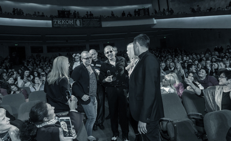 ODESSA, UKRAINE - Nov. 4, 2018: concert performance by Adriano Celentano. Soloist of the music group - Adolfo Sebastiani - famous singer, showman Celentano. Tribute Show Celentano. Italian pop legendのeditorial素材