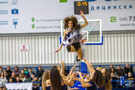 ODESSA, UKRAINE - March 15, 2018: Speech by the beautiful young girls of the fan team during the...
