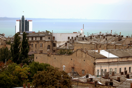 Odessa, Ukraine - CIRKA 2011: Urban scene, cityscape from a bird's eye view - built in the historic center of the city with slate and metal roofs of the old residential complexのeditorial素材