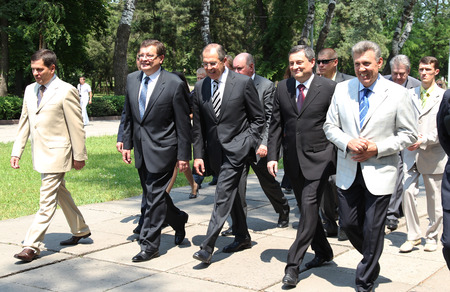 Odessa, Ukraine - April 6, 2011: Foreign Minister Russia Sergey Lavrov, official visit. Laying flowers at Eternal Flame, press conference. Minister Foreign Affairs of Ukraine Konstantin Gryshchenkoのeditorial素材