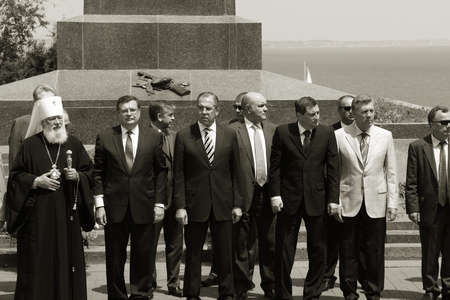 Odessa, Ukraine - April 6, 2011: Foreign Minister Russia Sergey Lavrov, official visit. Laying flowers at Eternal Flame, press conference. Minister Foreign Affairs of Ukraine Konstantin Gryshchenkoのeditorial素材