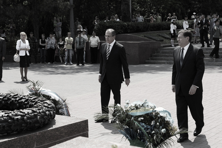 Odessa, Ukraine - April 6, 2011: Foreign Minister Russia Sergey Lavrov, official visit. Laying flowers at Eternal Flame, press conference. Minister Foreign Affairs of Ukraine Konstantin Gryshchenkoのeditorial素材