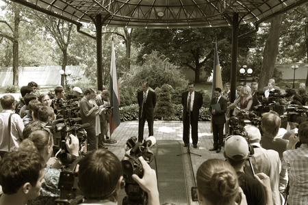Odessa, Ukraine - April 6, 2011: Foreign Minister Russia Sergey Lavrov, official visit. Laying flowers at Eternal Flame, press conference. Minister Foreign Affairs of Ukraine Konstantin Gryshchenkoのeditorial素材