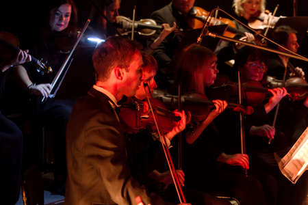ODESSA, UKRAINE - JANUARY 24, 2019: Symphony orchestra concert on theater stage. Musicians of State...