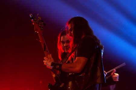 ODESSA, UKRAINE - January 24, 2019: Rock band playing live music on stage. Ivan Voron and the Beast are invited to Hard Rock Show. A tough musical event at a live hard rock music festival in Odessaのeditorial素材