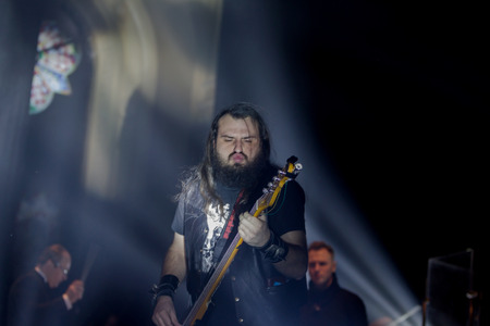 ODESSA, UKRAINE - January 24, 2019: Rock band playing live music on stage. Ivan Voron and the Beast are invited to Hard Rock Show. A tough musical event at a live hard rock music festival in Odessaのeditorial素材