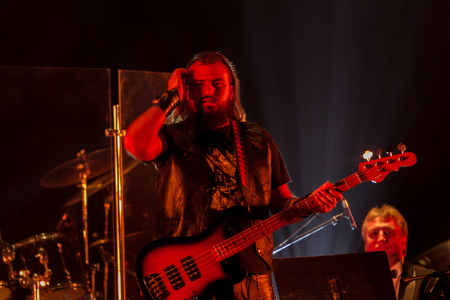 ODESSA, UKRAINE - January 24, 2019: Rock band playing live music on stage. Ivan Voron and the Beast are invited to Hard Rock Show. A tough musical event at a live hard rock music festival in Odessaのeditorial素材