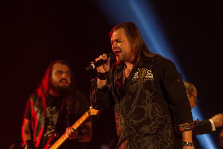 ODESSA, UKRAINE - January 24, 2019: Rock band playing live music on stage. Ivan Voron and the Beast are invited to Hard Rock Show. A tough musical event at a live hard rock music festival in Odessaのeditorial素材