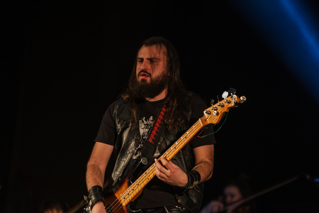 ODESSA, UKRAINE - January 24, 2019: Rock band playing live music on stage. Ivan Voron and the Beast are invited to Hard Rock Show. A tough musical event at a live hard rock music festival in Odessaのeditorial素材