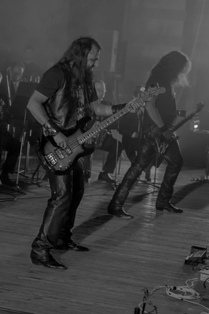 ODESSA, UKRAINE - January 24, 2019: Rock band playing live music on stage. Ivan Voron and the Beast are invited to Hard Rock Show. A tough musical event at a live hard rock music festival in Odessaのeditorial素材