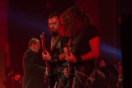 ODESSA, UKRAINE - January 24, 2019: Rock band playing live music on stage. Ivan Voron and the Beast are invited to Hard Rock Show. A tough musical event at a live hard rock music festival in Odessaのeditorial素材