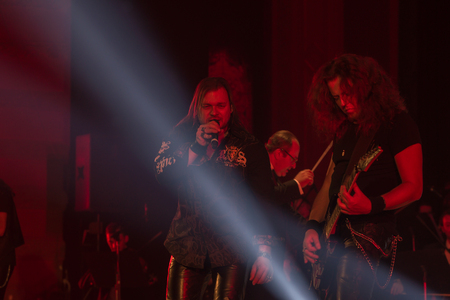 ODESSA, UKRAINE - January 24, 2019: Rock band playing live music on stage. Ivan Voron and the Beast are invited to Hard Rock Show. A tough musical event at a live hard rock music festival in Odessaのeditorial素材
