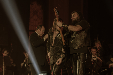 ODESSA, UKRAINE - January 24, 2019: Rock band playing live music on stage. Ivan Voron and the Beast are invited to Hard Rock Show. A tough musical event at a live hard rock music festival in Odessaのeditorial素材