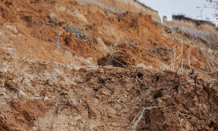 Landslide zone on Black Sea coast. Rock of sea rock shell. Zone of natural disasters during rainy season. Large masses of earth slip along slope of hill, destroy houses. Landslide - threat to lifeの写真素材