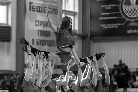 Odessa, Ukraine - Febr 16, 2019: Bright dynamic characteristics of a support group of women's sports...