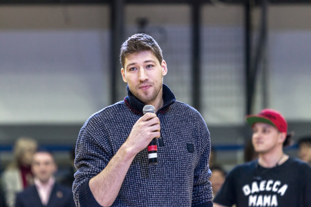 ODESSA, UKRAINE - February 16, 2019: Interview of captain of Ukrainian national basketball team Vyacheslav Kravtsov during opening of children's championship. Basketball player Vyacheslav Kravtsovのeditorial素材