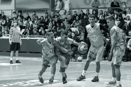 Odessa, Ukraine - Feb. 16, 2019: Sporting holiday children's basketball school league. Teenagers play basketball, participate in children's sports competitions during celebration of children's clubのeditorial素材