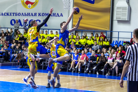 Odessa, Ukraine - Feb. 16, 2019: Sporting holiday children's basketball school league. Teenagers play basketball, participate in children's sports competitions during celebration of children's clubのeditorial素材