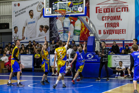 Odessa, Ukraine - Feb. 16, 2019: Sporting holiday children's basketball school league. Teenagers play basketball, participate in children's sports competitions during celebration of children's clubのeditorial素材