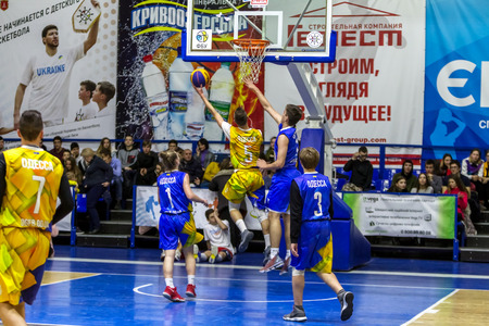 Odessa, Ukraine - Feb. 16, 2019: Sporting holiday children's basketball school league. Teenagers play basketball, participate in children's sports competitions during celebration of children's clubのeditorial素材