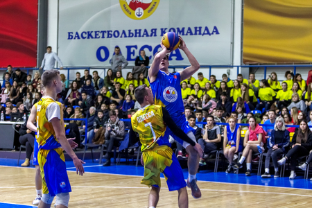 Odessa, Ukraine - Feb. 16, 2019: Sporting holiday children's basketball school league. Teenagers play basketball, participate in children's sports competitions during celebration of children's clubのeditorial素材