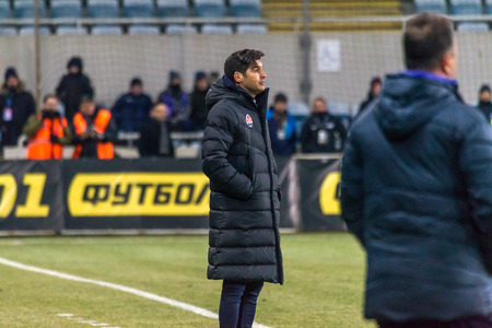 ODESSA, UKRAINE -2 March 2019: Legendary famous football coach Paulo Alexandre Rodrigues Fonseca during match Shakhtar (Donetsk) with Chornomorets. Press conference, comments Head coach Paulo Fonsecaのeditorial素材