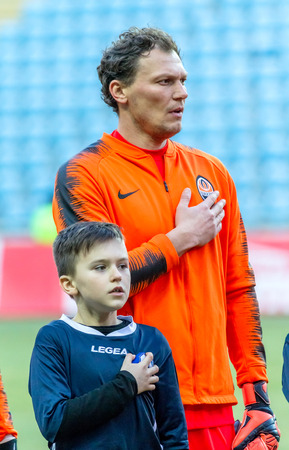 ODESSA, UKRAINE - March 2, 2019: football players of Shakhtar Donetsk - Chernomorets Odessa. Intensive game of the Premier League of Ukraineのeditorial素材