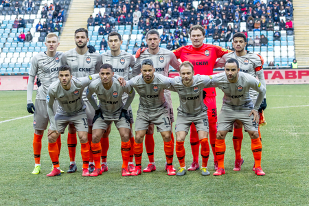 ODESSA, UKRAINE - March 2, 2019: football players of Shakhtar Donetsk - Chernomorets Odessa. Intensive game of the Premier League of Ukraineのeditorial素材