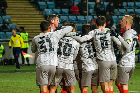 ODESSA, UKRAINE - March 2, 2019: football players of Shakhtar Donetsk - Chernomorets Odessa. Intensive game of the Premier League of Ukraineのeditorial素材