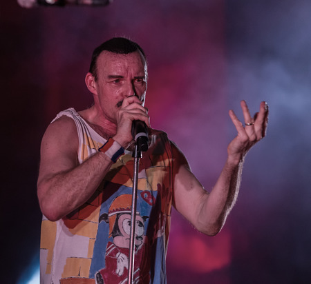 ODESSA, UKRAINE - MARCH 16, 2019: Rock concert Queen tribute show, Bohemian night of the Queen. Rock band copies the performance of the legendary Freddy Merqury group Queen. Rock concert queenのeditorial素材