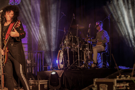 ODESSA, UKRAINE - MARCH 16, 2019: Rock concert Queen tribute show, Bohemian night of the Queen. Rock band copies the performance of the legendary Freddy Merqury group Queen. Rock concert Queenのeditorial素材