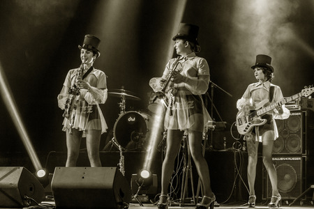 ODESSA, UKRAINE - MARCH 17, 2019: Bright music show FREEDOM JAZZ. Beautiful female jazz band on stage in a bright musical jazz show. Sexy women musicians on stage in an erotic musical performanceのeditorial素材